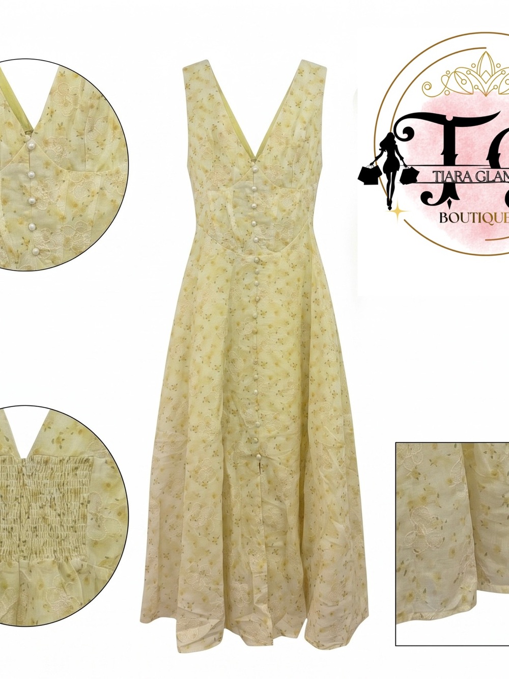 Yellow Floral V-Neck Midi Dress
